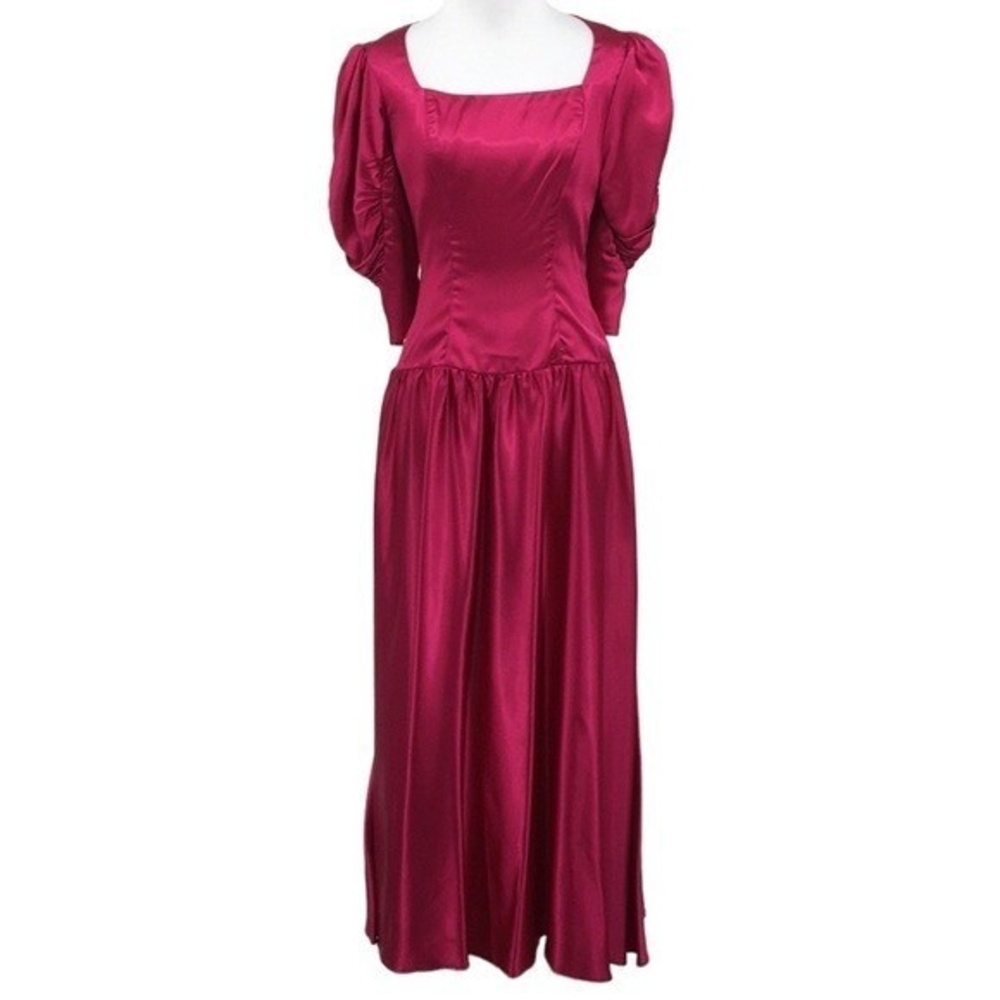Vintage Fuschia Pink Puffed Sleeve Dress Womens 8 Retro Keyhole Back Bow 80s